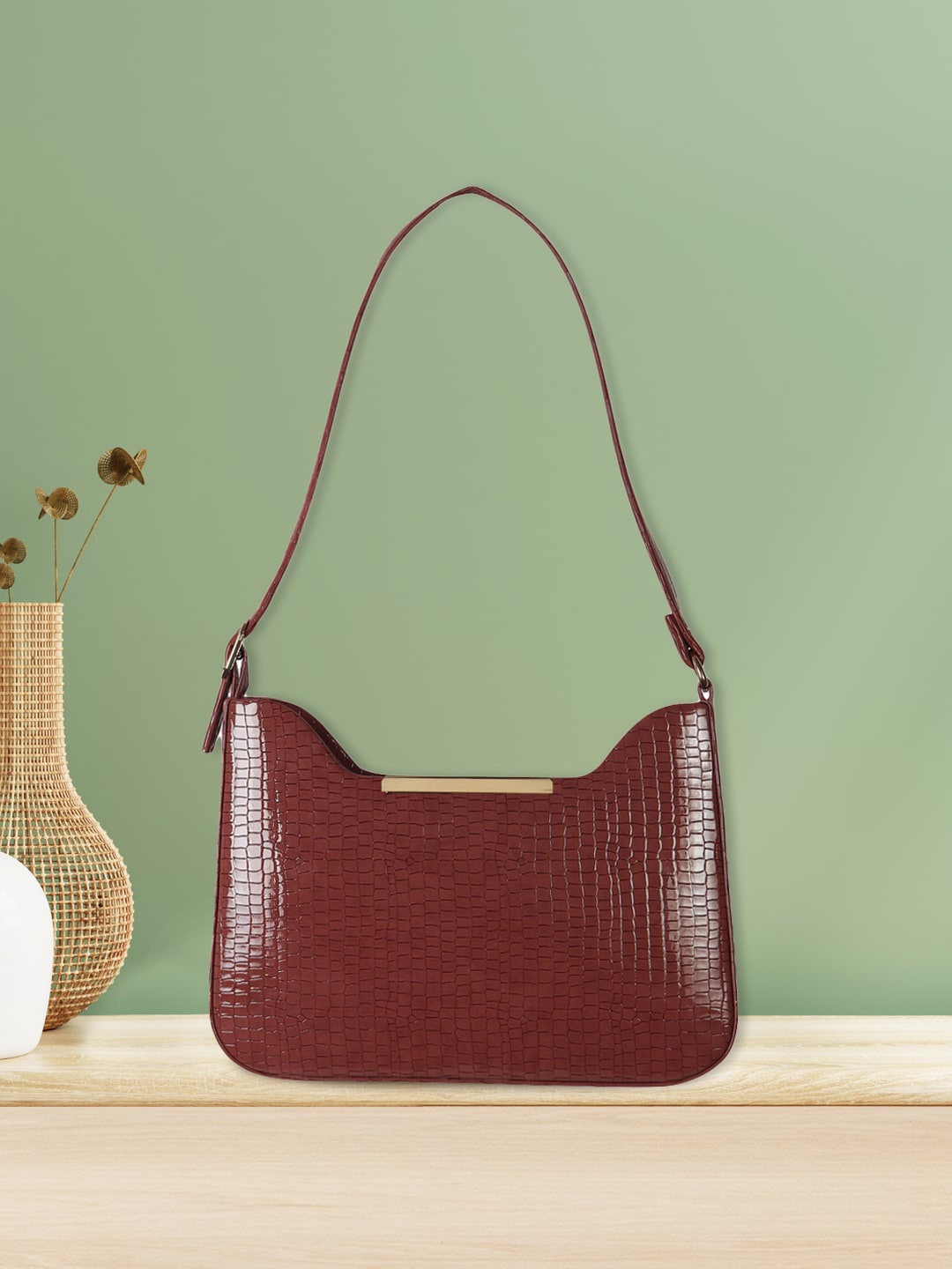 

Apsis Maroon Animal Textured Structured Hobo Bag with Tasselled