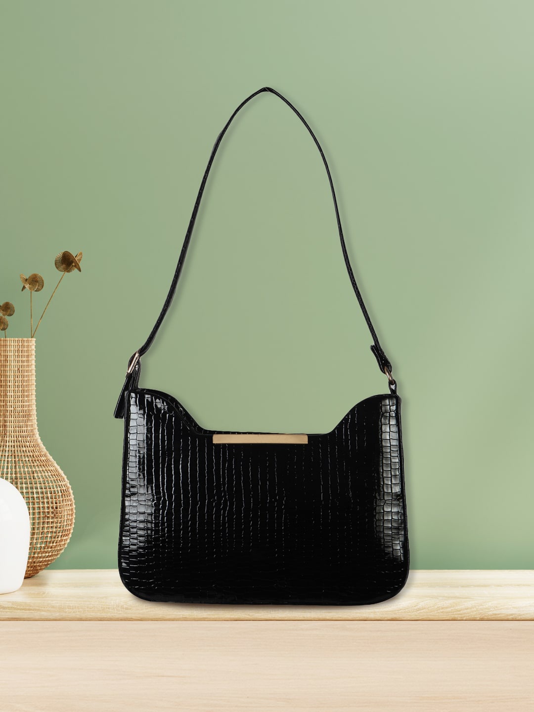 

Apsis Black Animal Textured Structured Hobo Bag with Tasselled