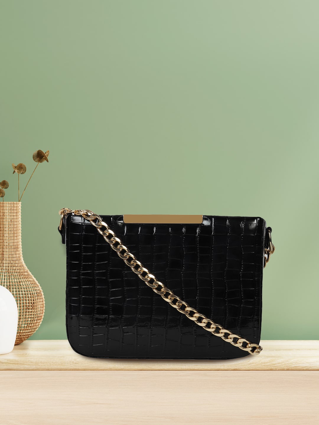 

Apsis Black Textured Structured Sling Bag with Quilted