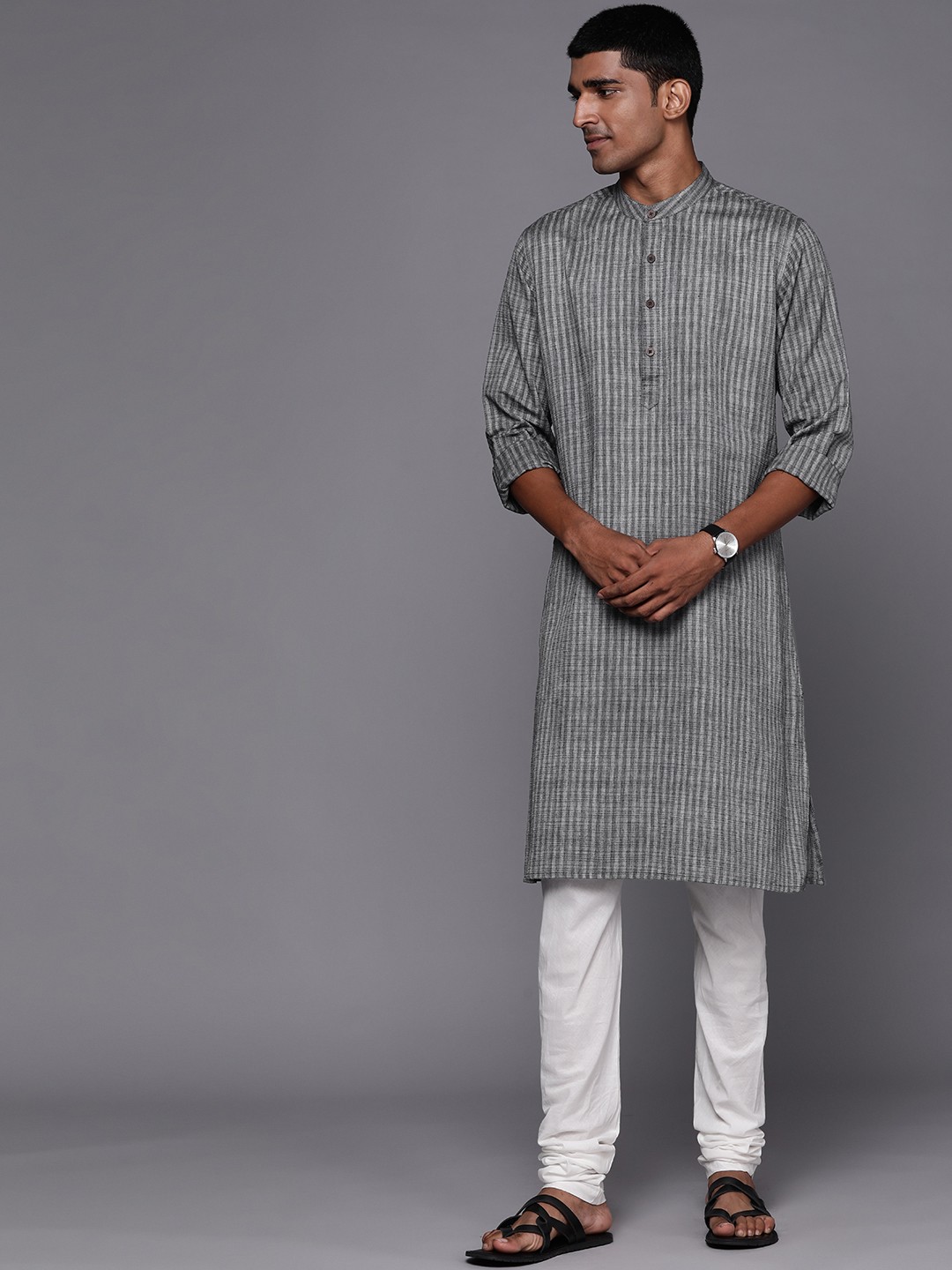 

Fabindia Men Charcoal Grey & White Pure Cotton Self Striped Kurta
