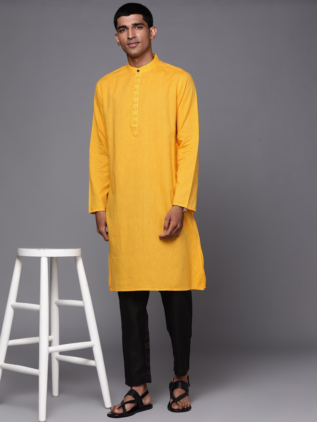 

Fabindia Men Yellow Solid Pure Cotton Kurta