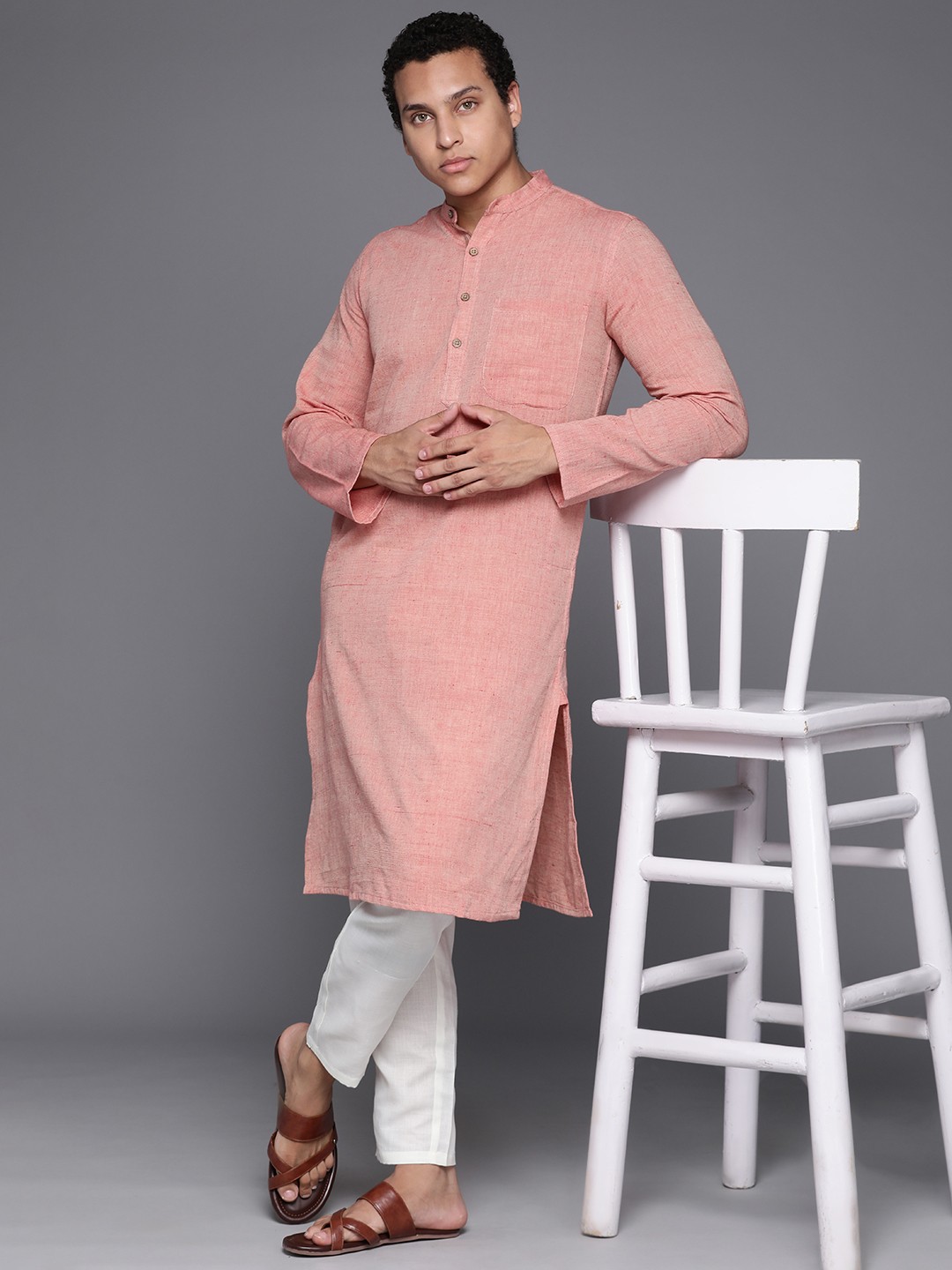 

Fabindia Men Hand Woven Cotton Kurta, Peach