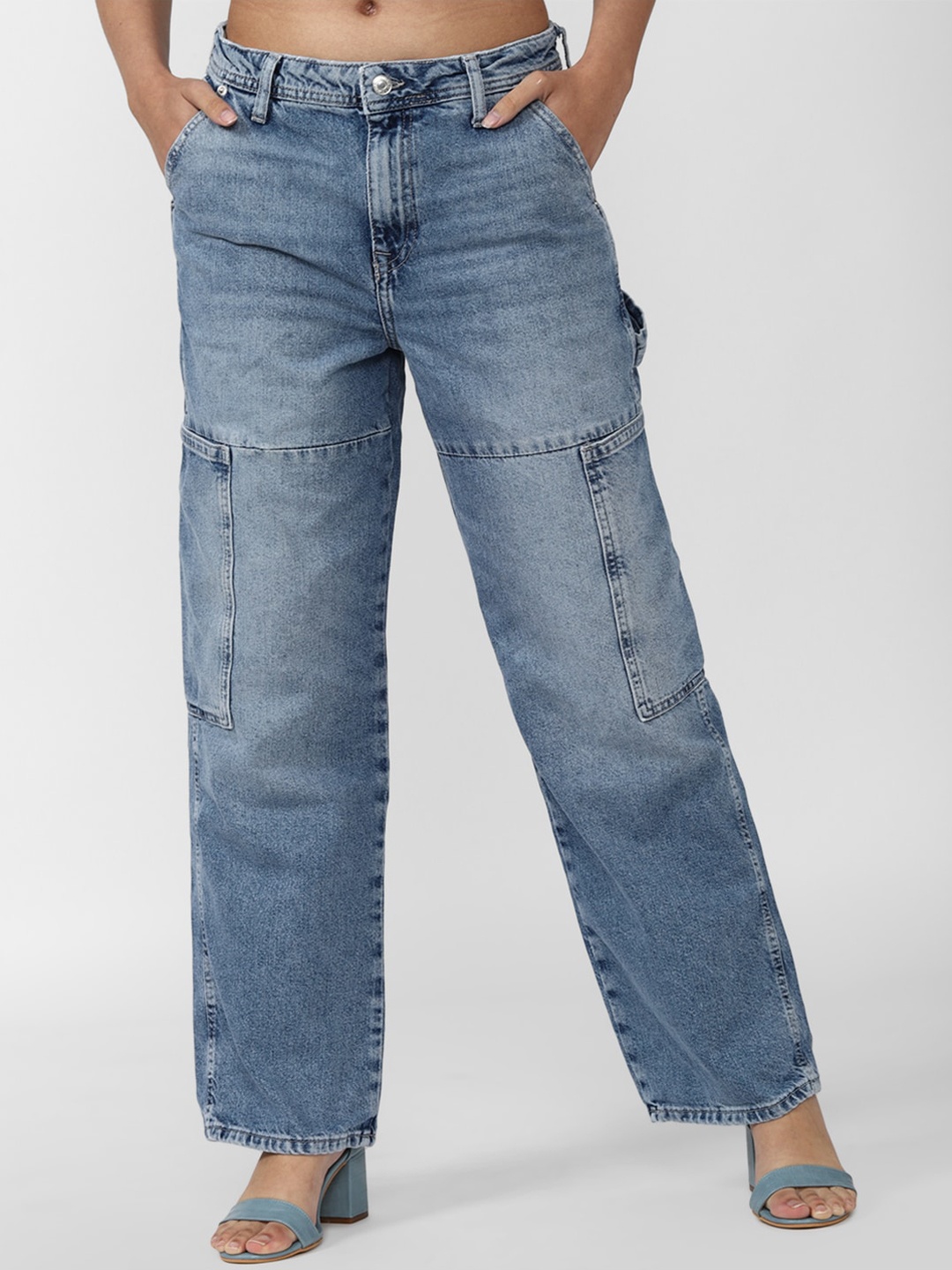 

FOREVER 21 Women Blue Wide Leg Heavy Fade Jeans