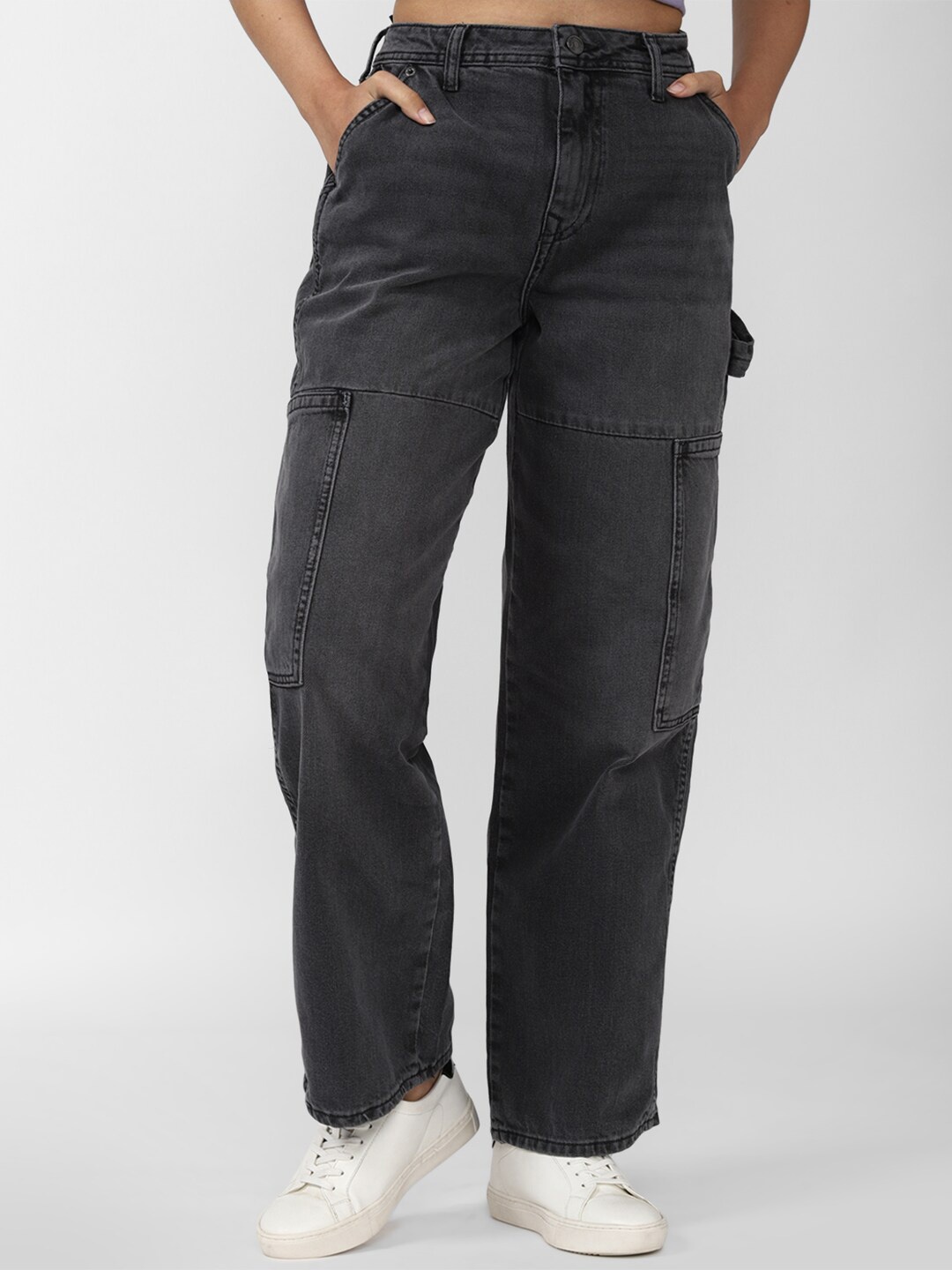 

FOREVER 21 Women Black Solid Mid-rise Light Fade Jeans