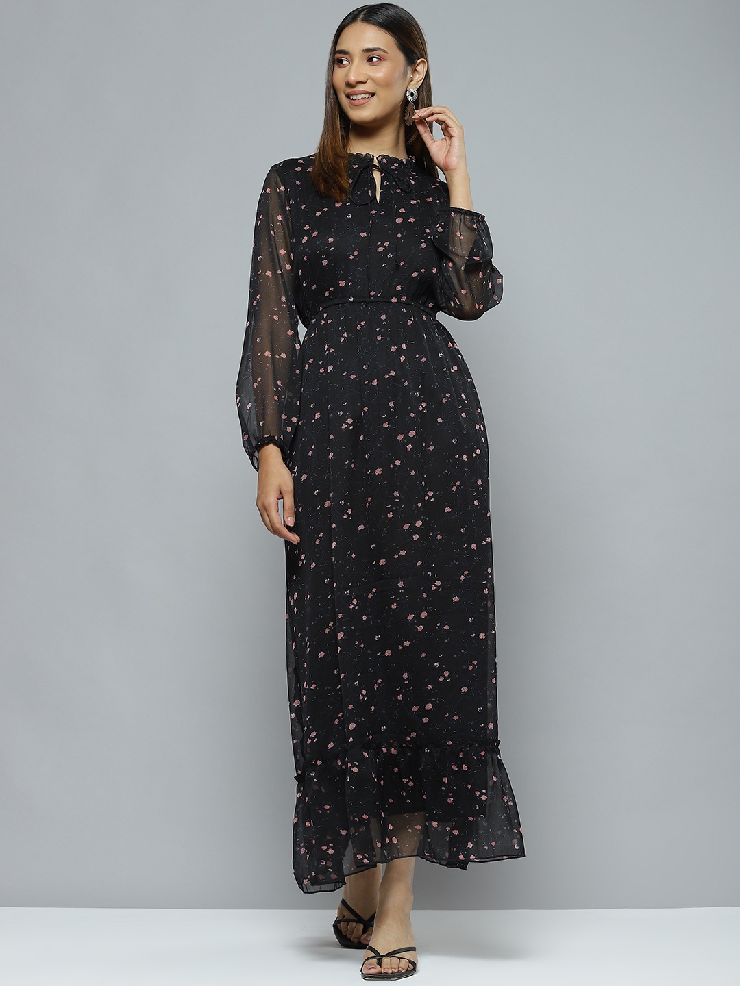 

DENNISON Black Floral Tie-Up Neck Chiffon Maxi Dress