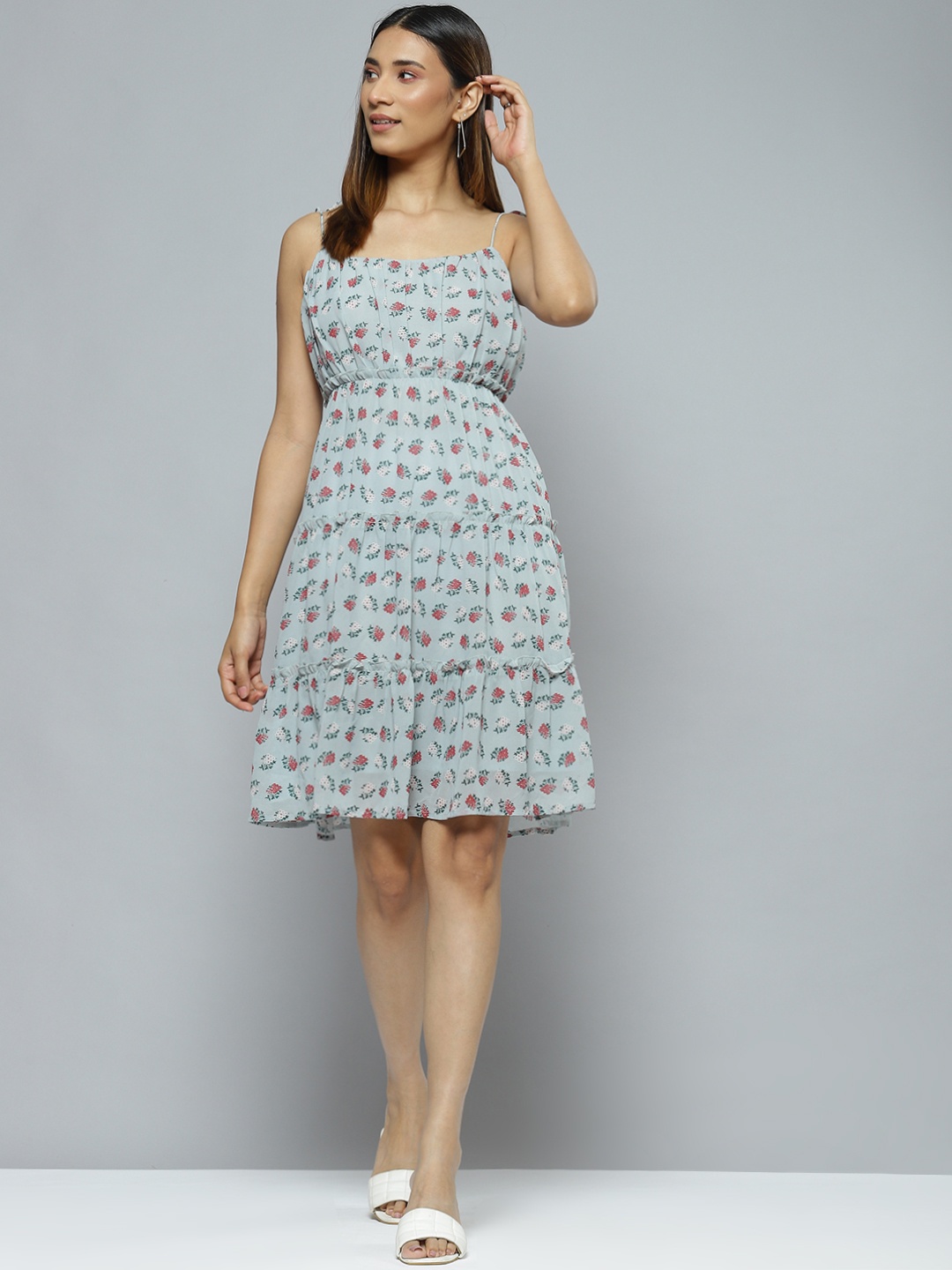 

DENNISON Blue Floral Tiered Georgette Dress