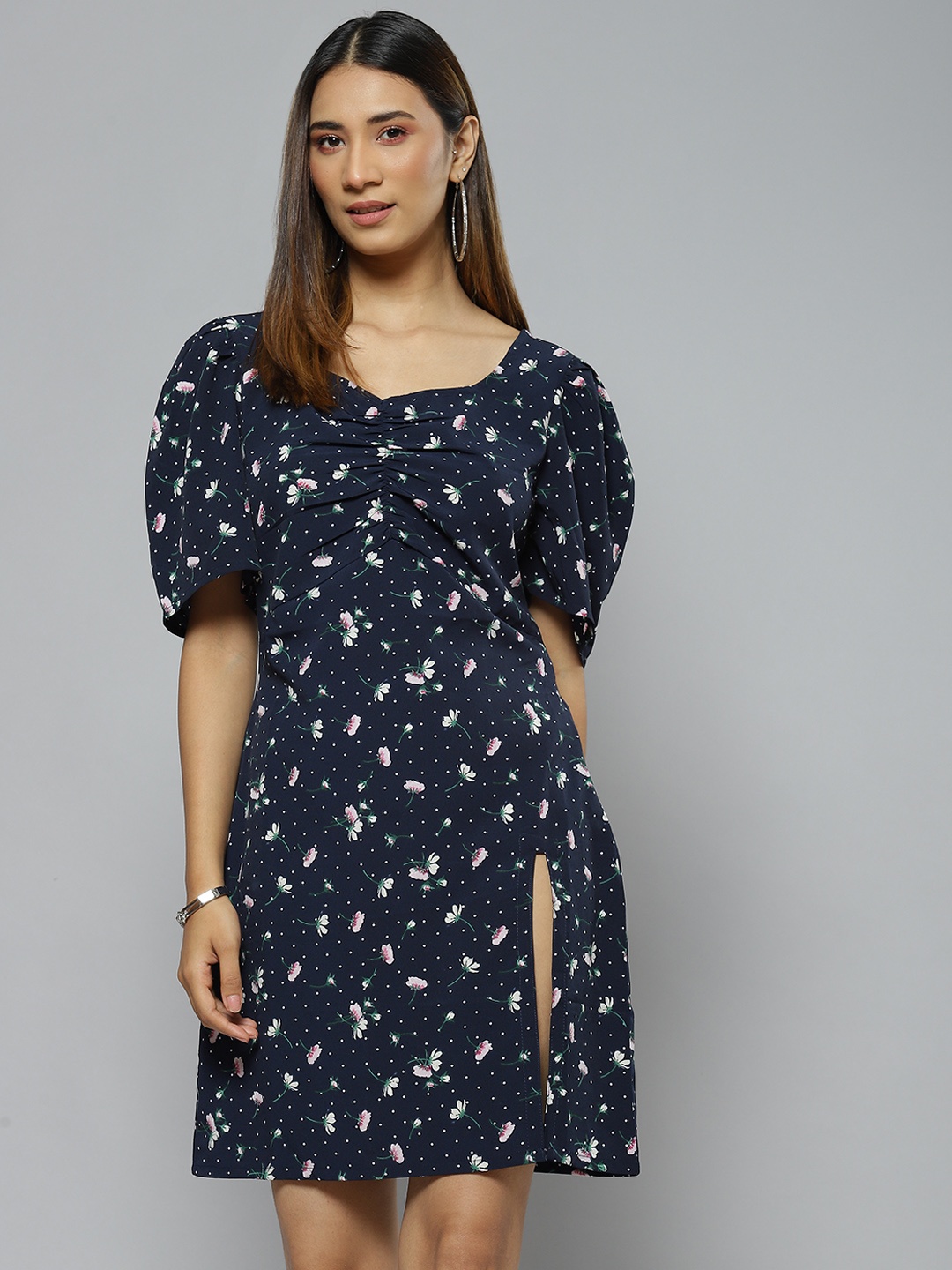 

DENNISON Navy Blue & Pink Floral Crepe A-Line Dress