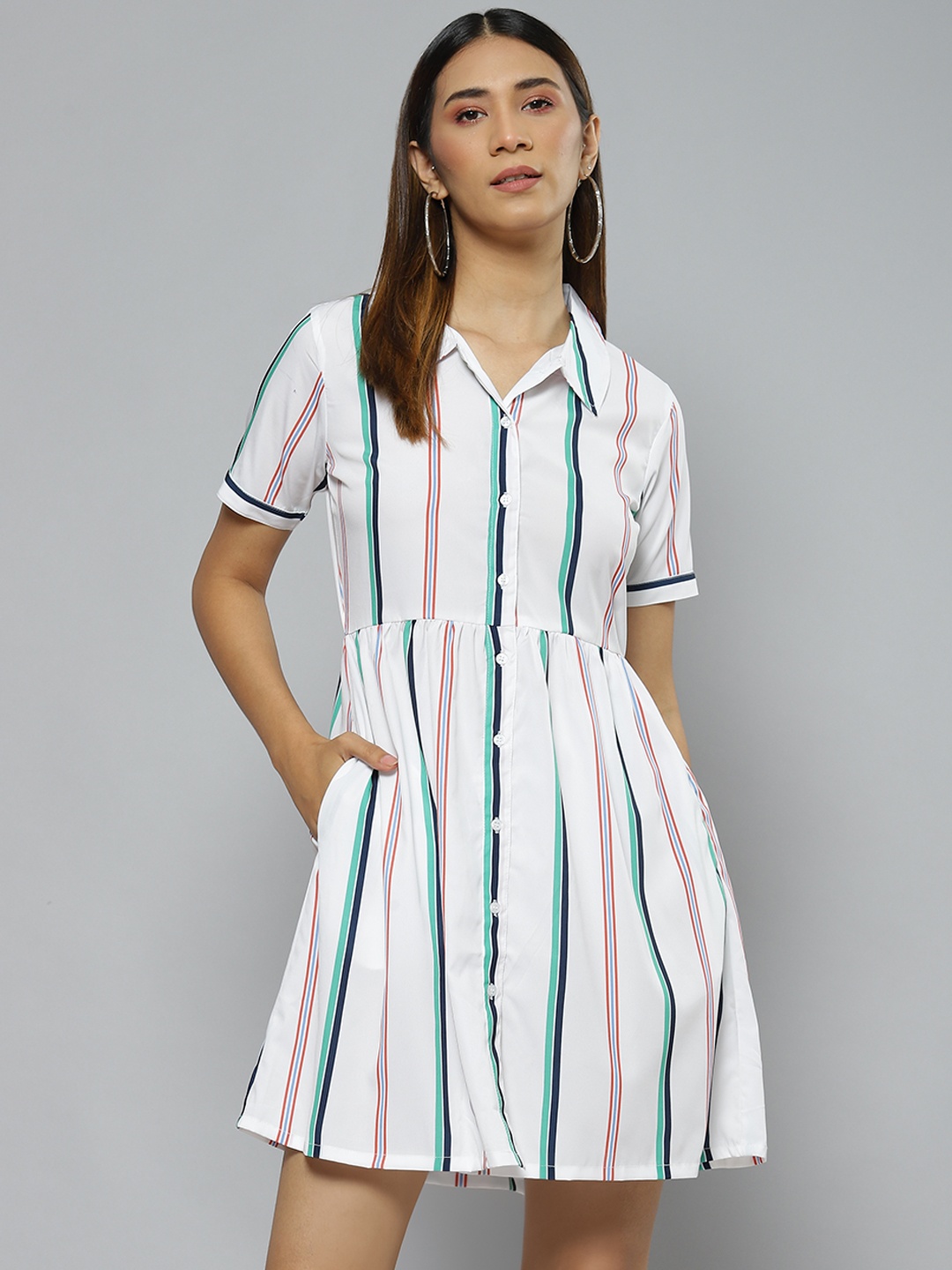 

DENNISON White & Green Striped Crepe A-Line Dress