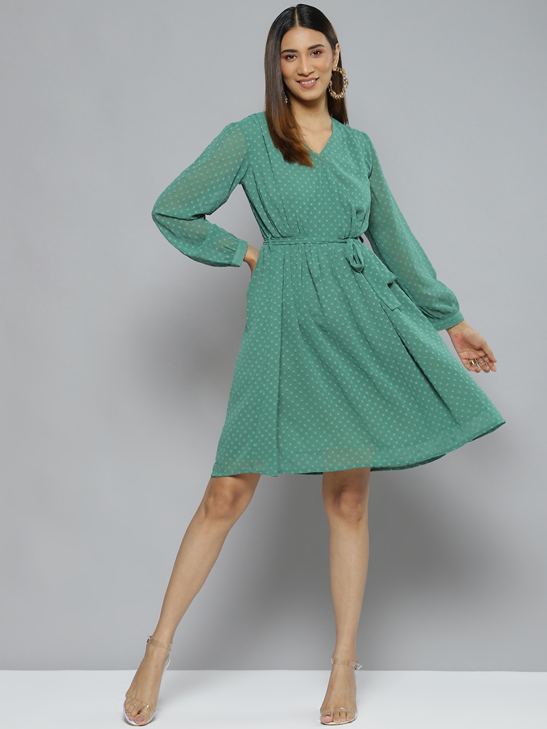 

DENNISON Green Self-Design Tie-Up Detail Dress