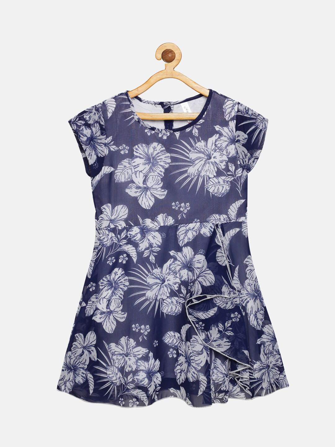 

KiddoPanti Kids-Navy Blue & Grey Floral Georgette A-Line Dress