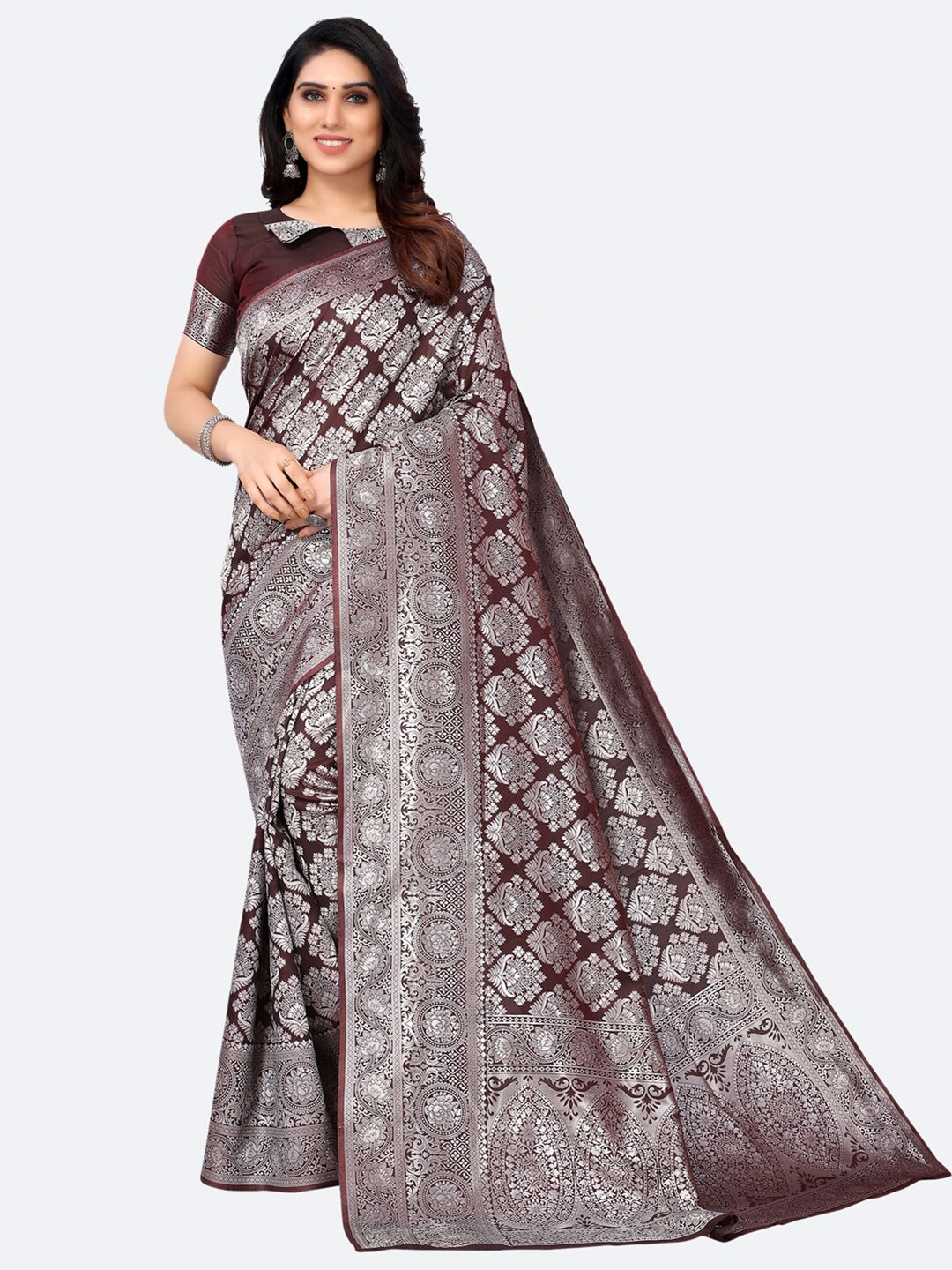 

SIRIL Brown & Silver-Toned Woven Design Zari Banarasi Saree