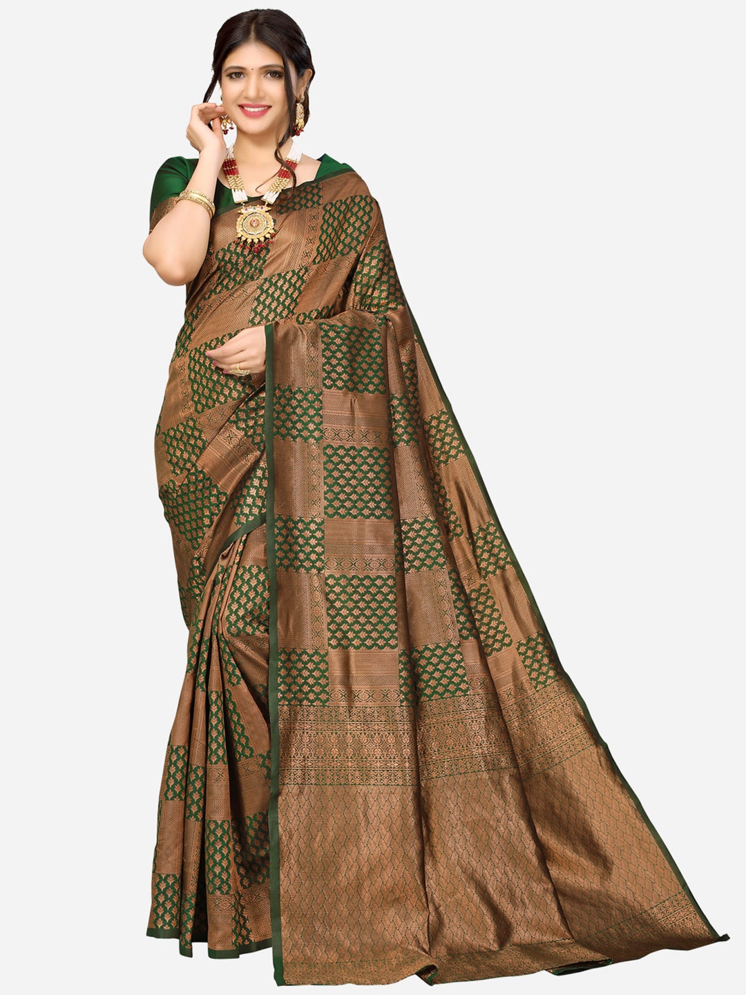 

SIRIL Green & Gold-Toned Woven Design Zari Banarasi Saree