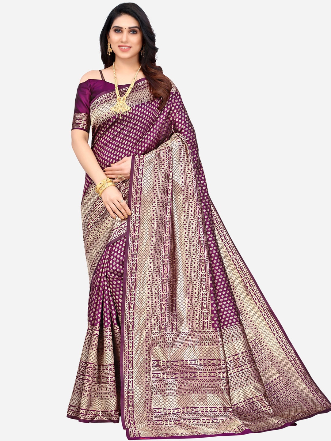 

SIRIL Purple & Gold-Toned Woven Design Zari Banarasi Saree