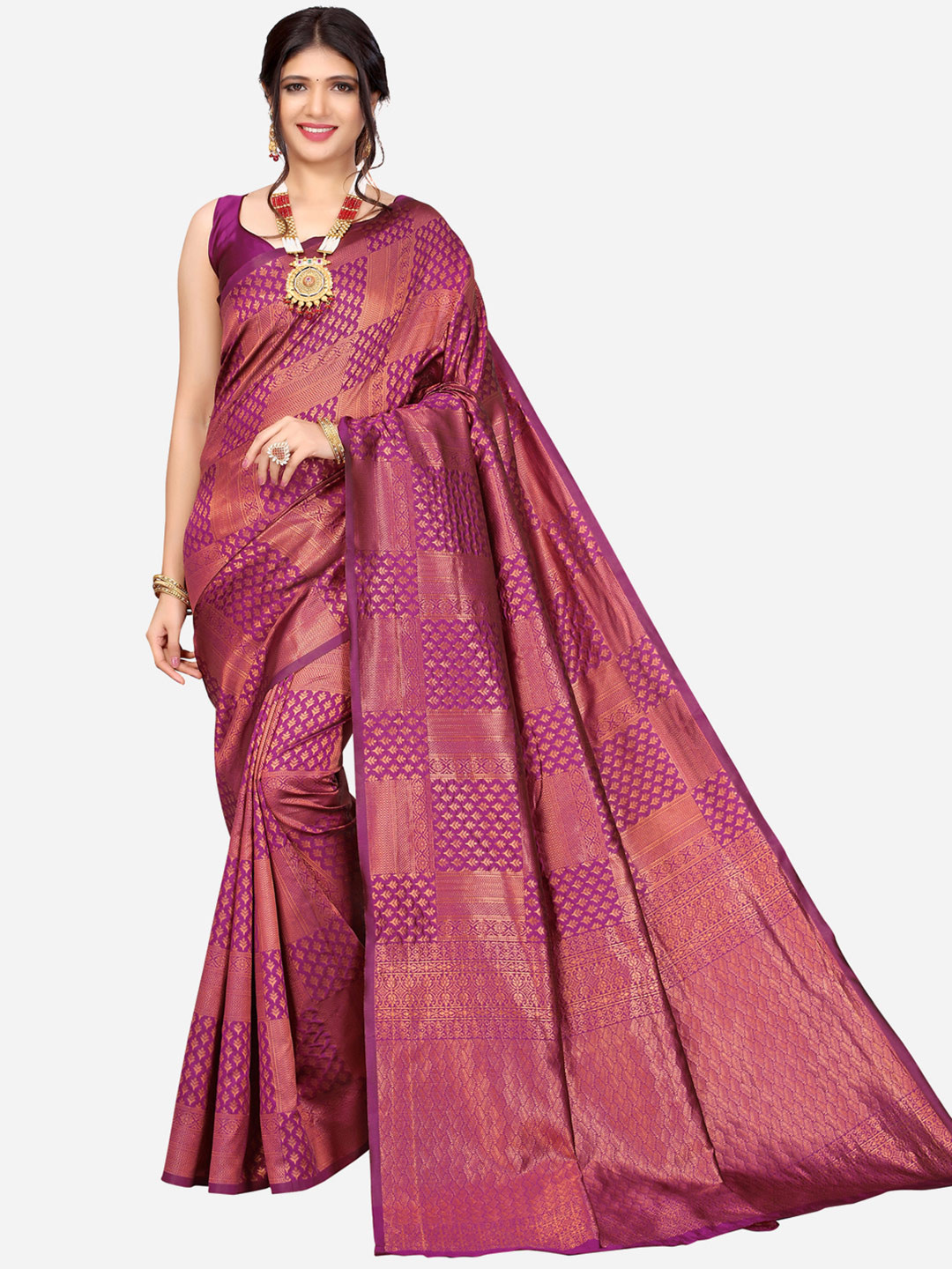 

SIRIL Purple & Gold-Toned Woven Design Zari Banarasi Saree