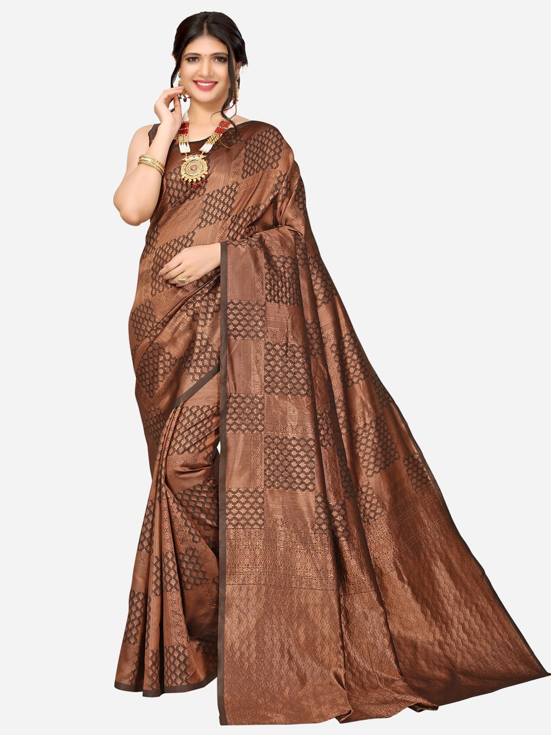 

SIRIL Brown & Gold-Toned Woven Design Zari Banarasi Saree