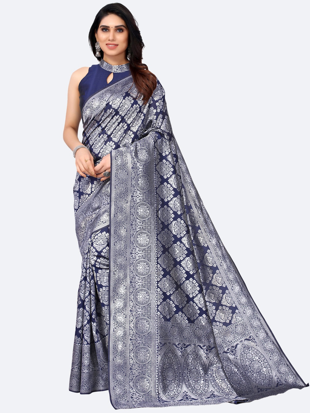 

SIRIL Navy Blue & Silver-Toned Woven Design Zari Banarasi Saree