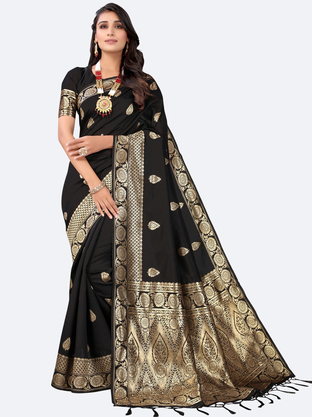 

SIRIL Black & Gold-Toned Woven Design Zari Saree