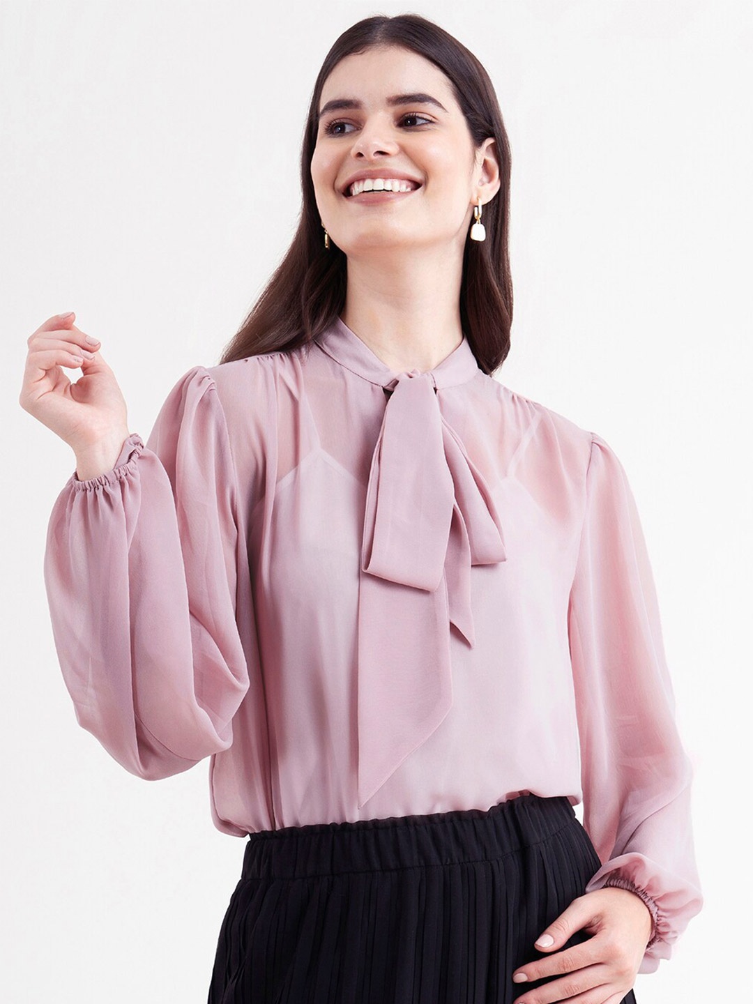 

FableStreet Women Pink Tie-Up Neck Georgette Top