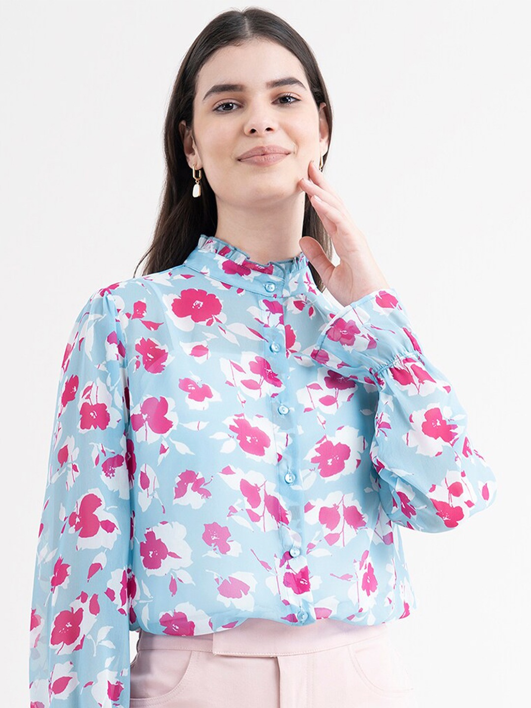 

FableStreet Women Blue Comfort Floral Semi Sheer Printed Formal Shirt