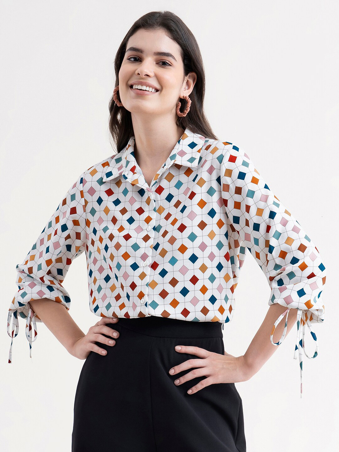 

FableStreet Women White Comfort Printed Formal Shirt