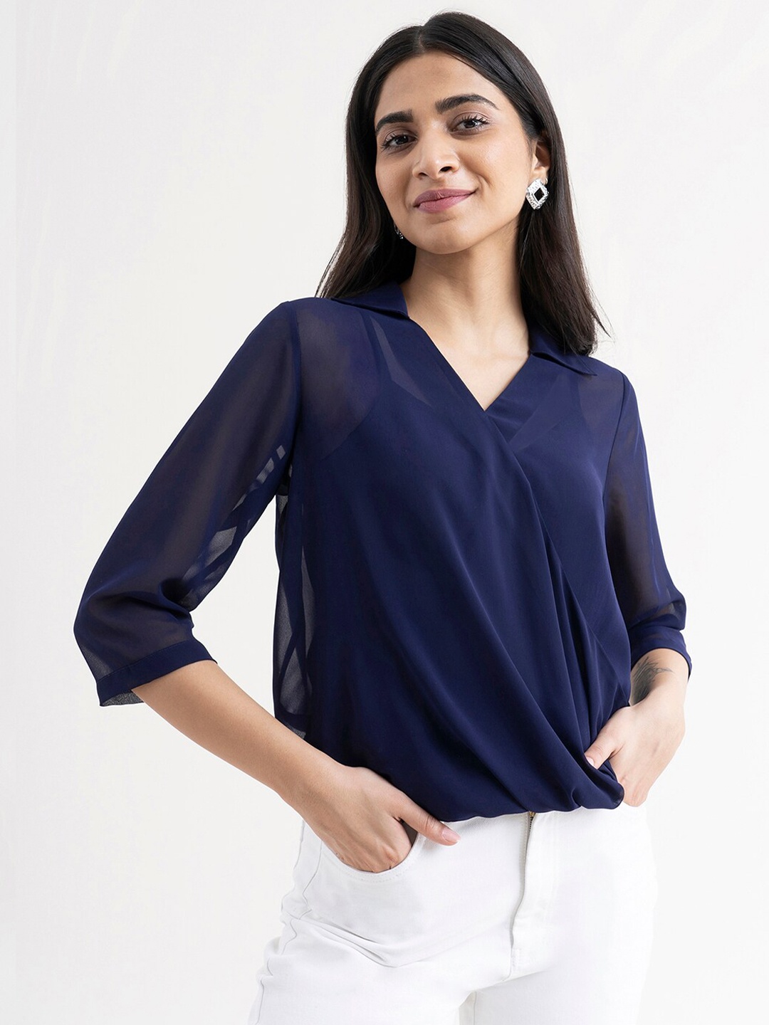 

FableStreet Navy Blue Georgette Wrap Top