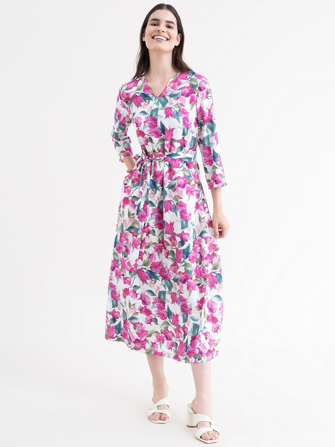 

FableStreet White Floral Formal A-Line Cotton Midi Dress