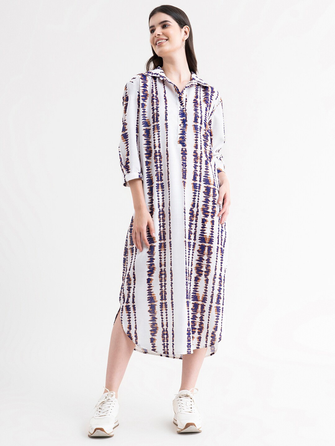 

FableStreet White & Blue Printed Shirt Midi Dress