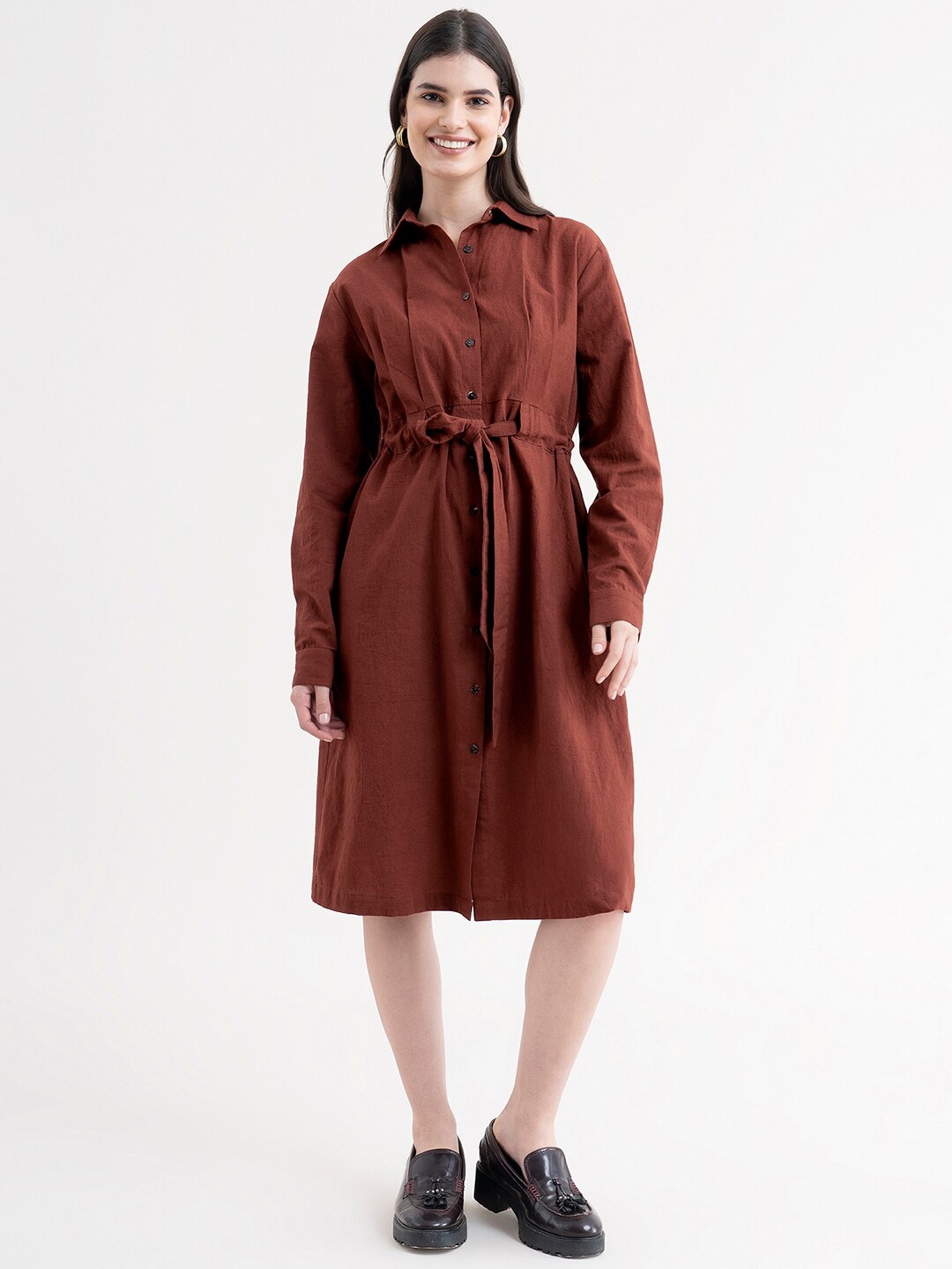 

FableStreet Brown Solid Linen Shirt Dress
