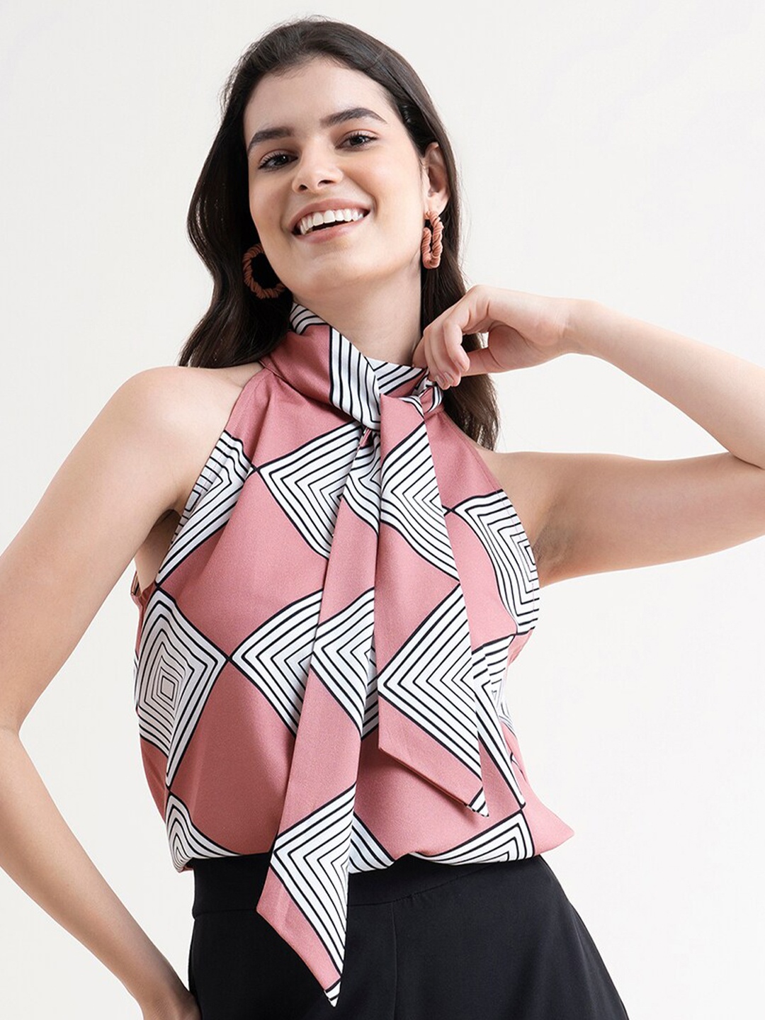 

FableStreet Pink Geometric Striped Tie-Up Neck Shirt Style Top