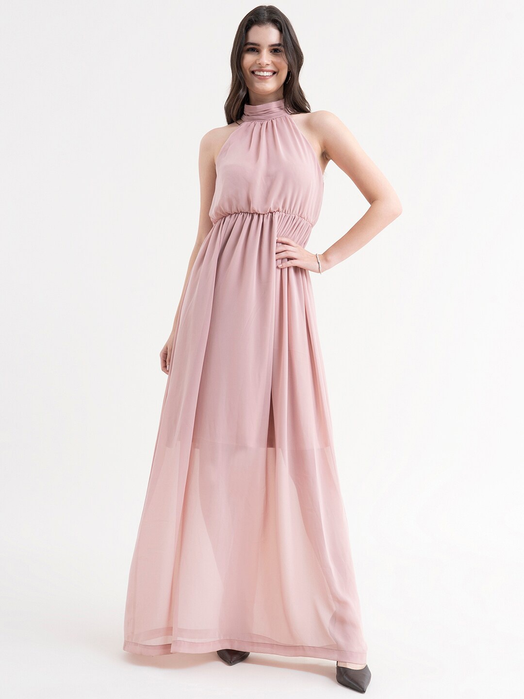 

FableStreet Pink Halter Neck Georgette Maxi Dress