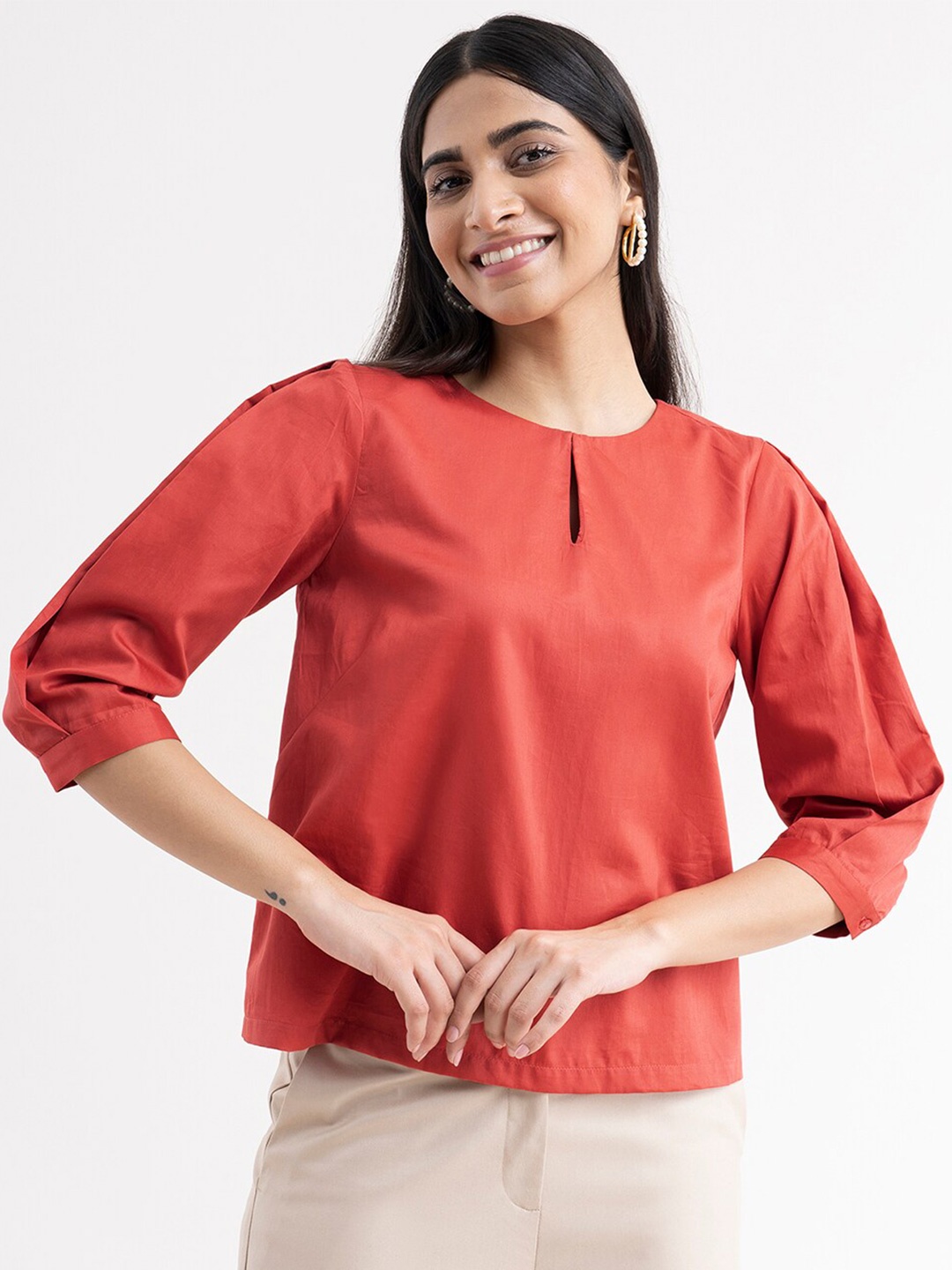 

FableStreet Women Red Keyhole Neck Top