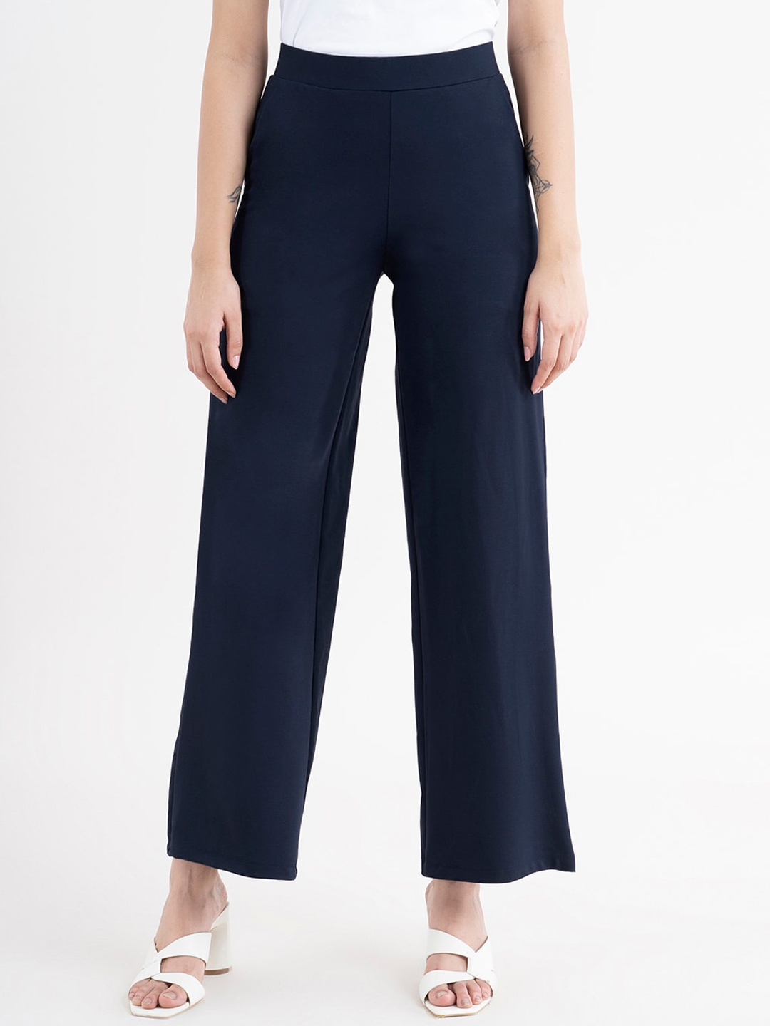 

FableStreet Women Navy Blue LivIn Air Wide Leg Trousers
