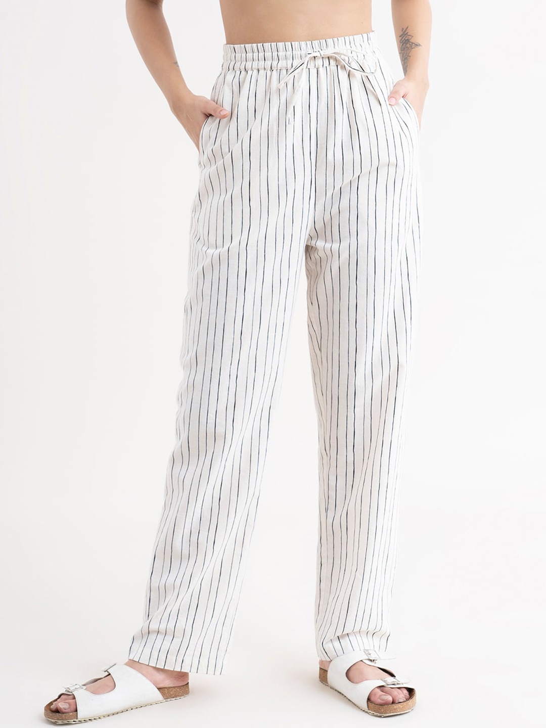 

FableStreet Women White Linen Striped Comfort Straight Fit Trousers