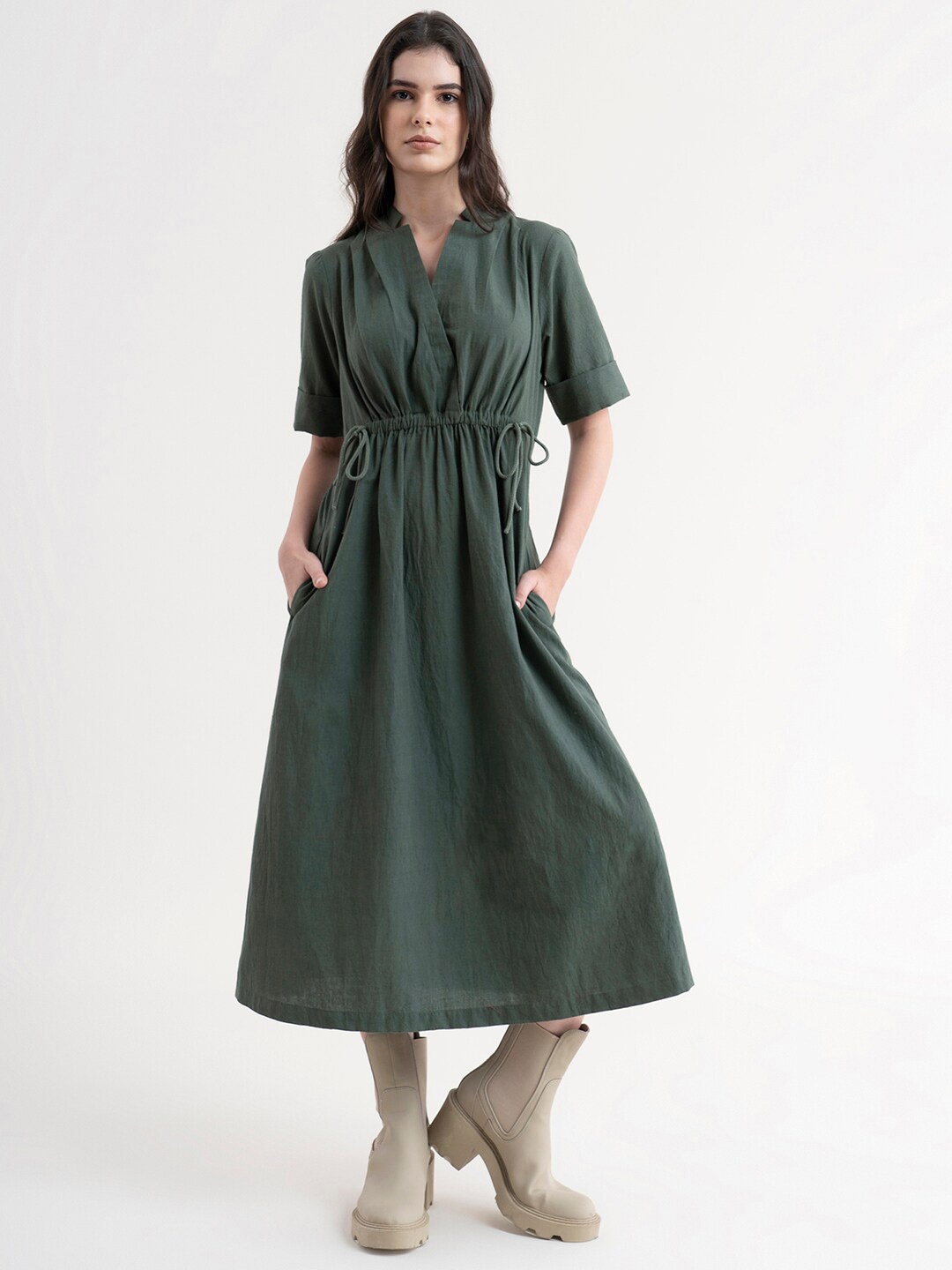 

FableStreet Olive Green Linen Formal A-Line Midi Dress