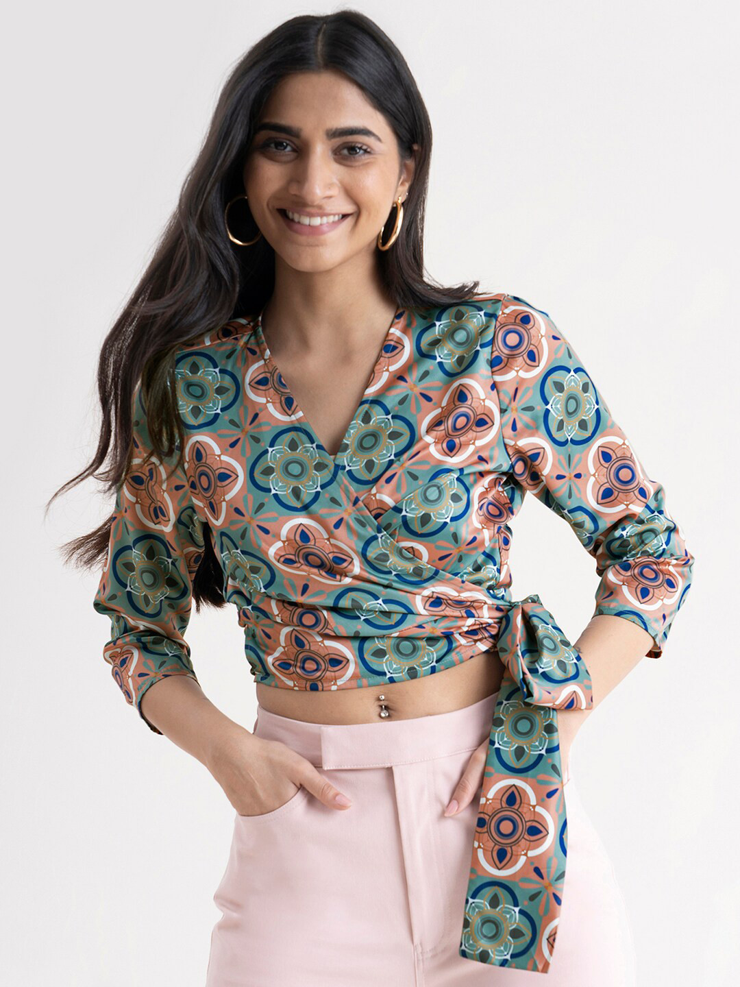 

FableStreet Green Print Satin Wrap Crop Top
