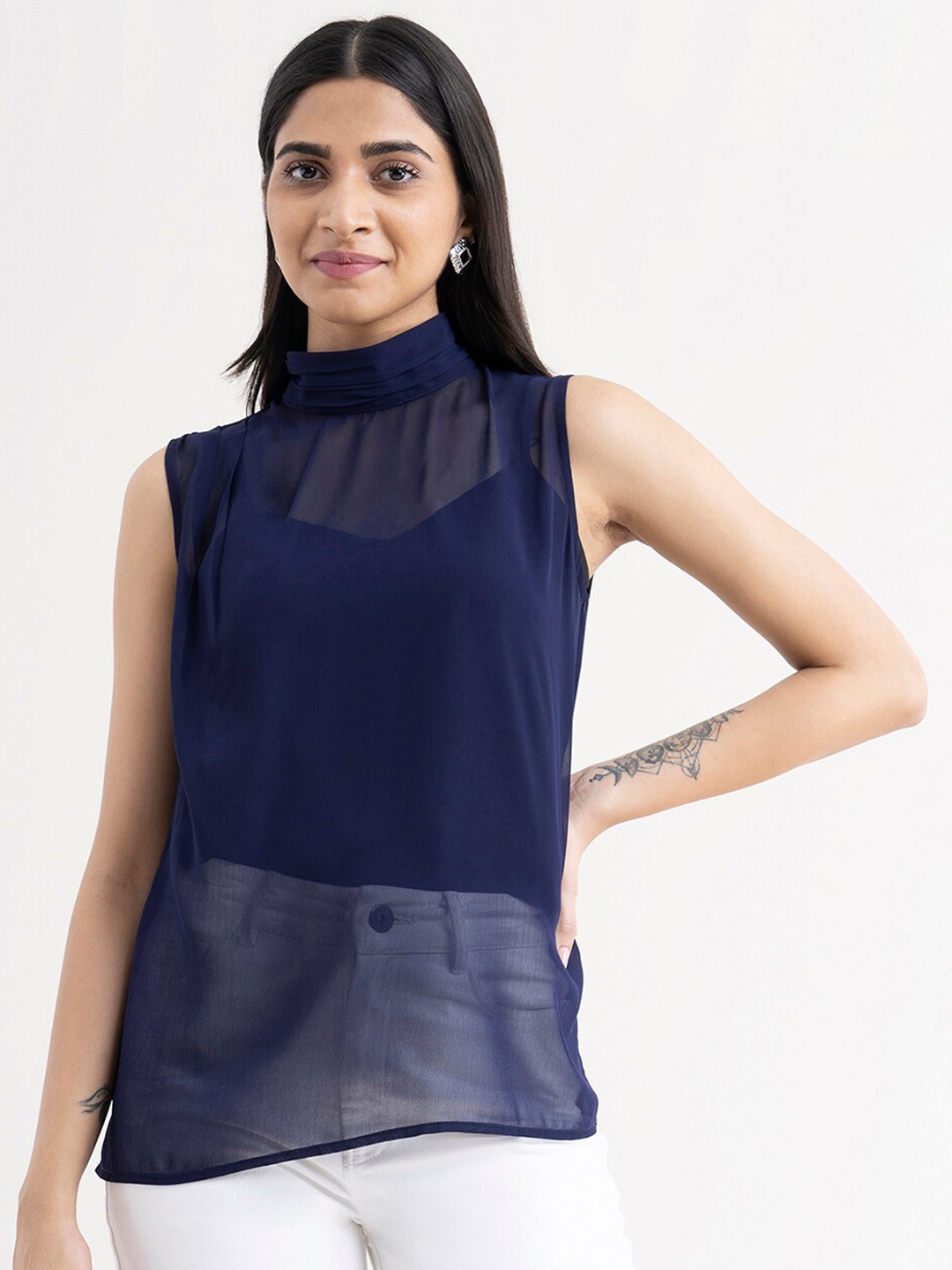 

FableStreet Women Navy Blue Halter Neck Georgette Top