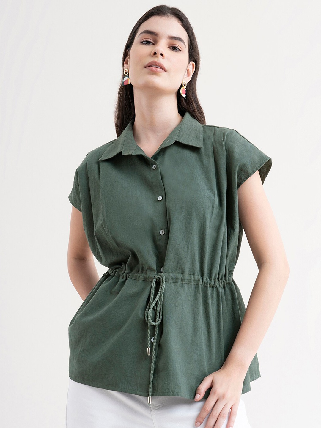 

FableStreet Women Olive Green Comfort Formal Shirt