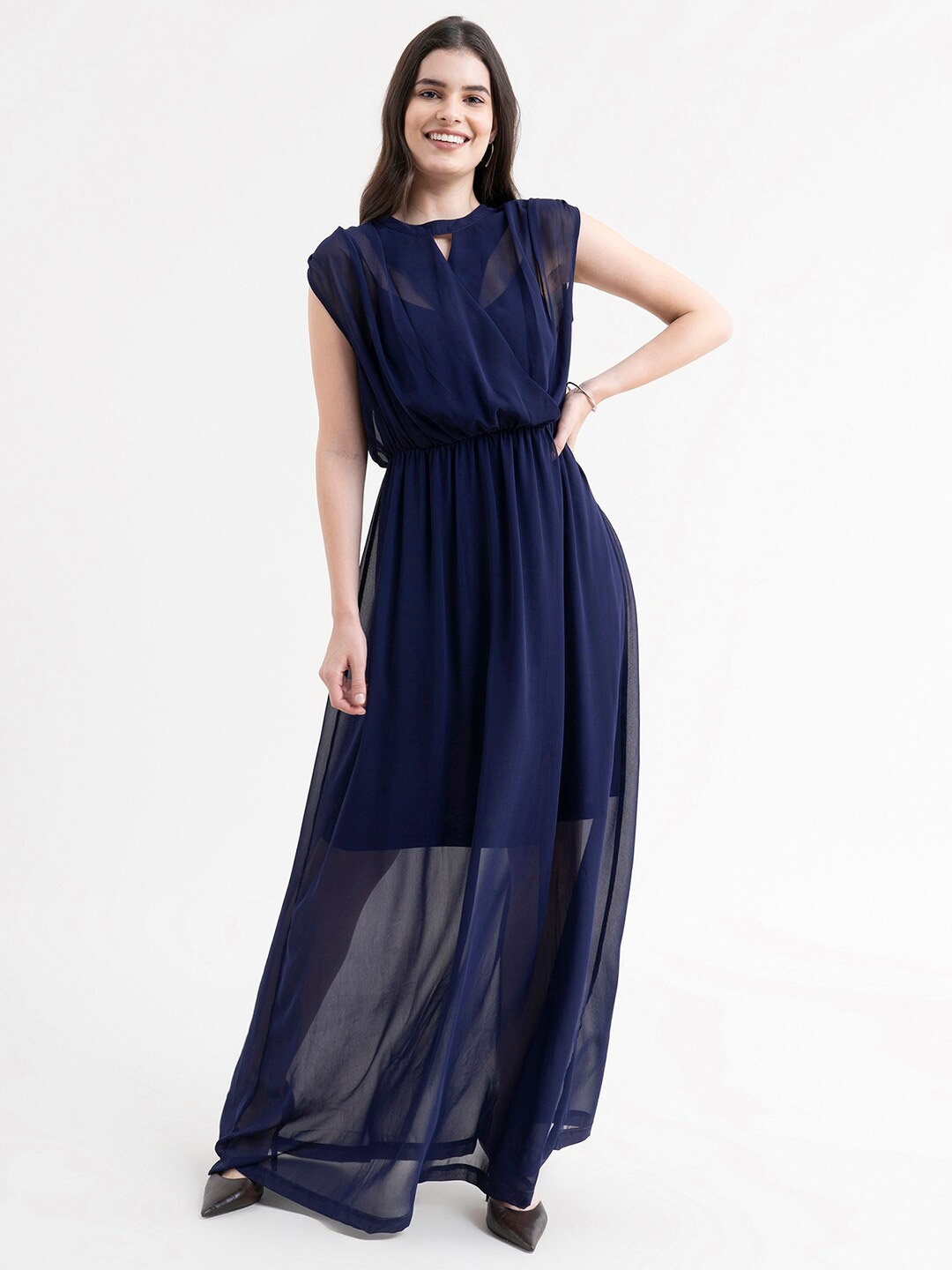 

FableStreet Navy Blue Keyhole Neck Georgette Maxi Dress