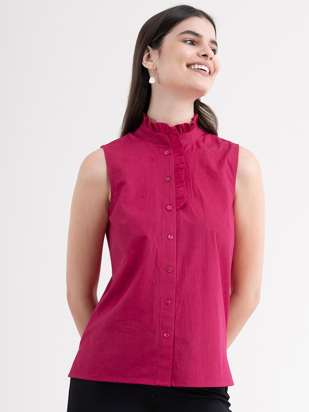 

FableStreet Fuchsia Mandarin Collar Shirt Style Top