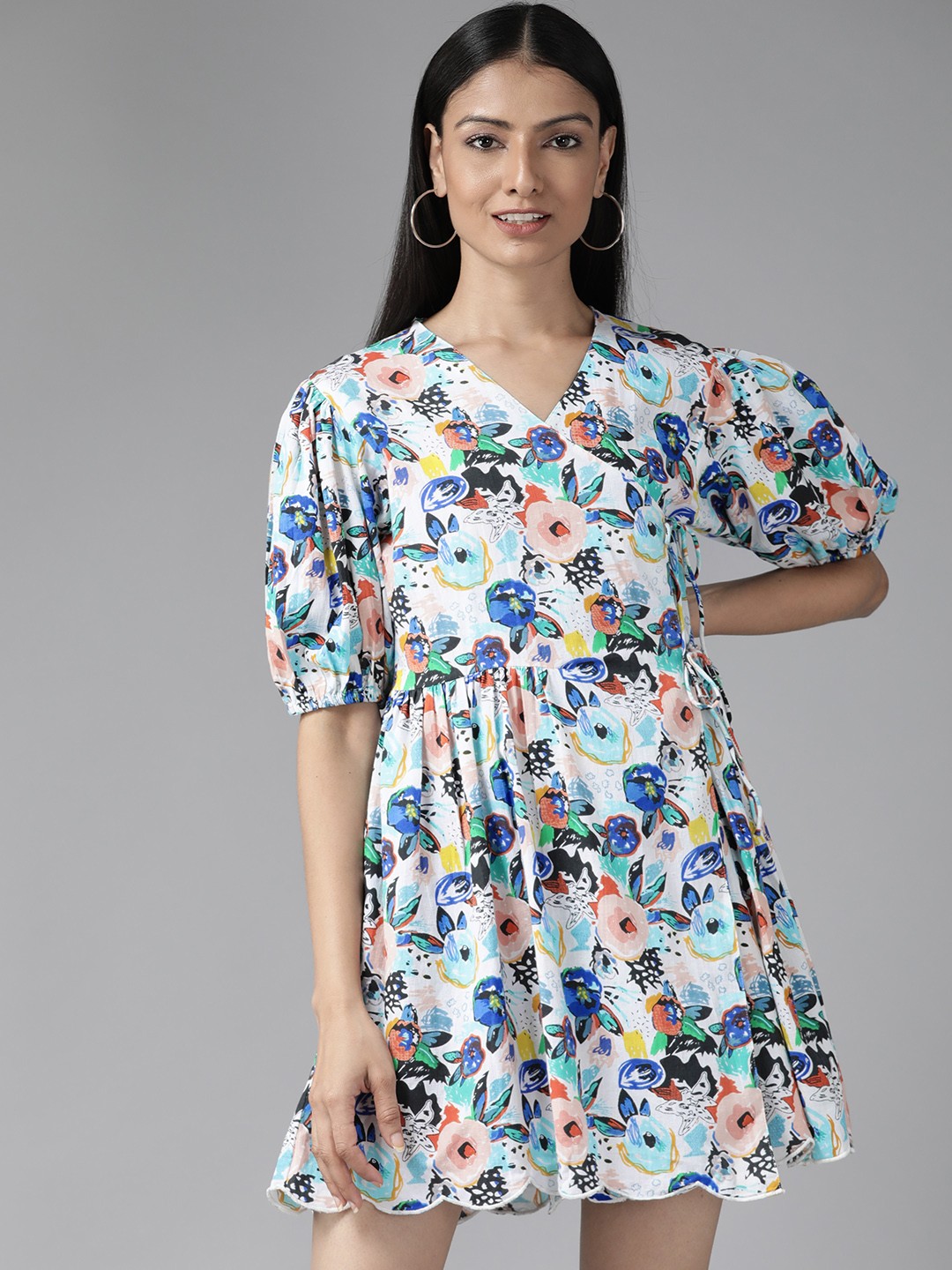 

The Dry State Women White & Blue Pure Cotton Floral Wrap Dress