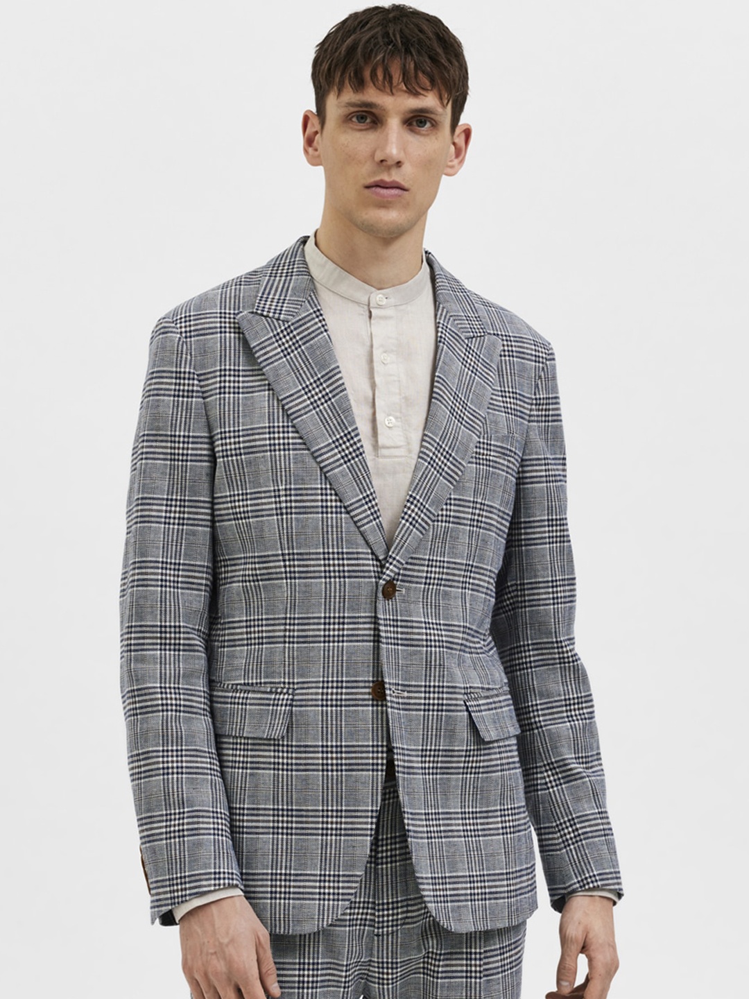 

SELECTED Men Grey & Navy Blue Checked Single Breasted Slim Fit Blazers
