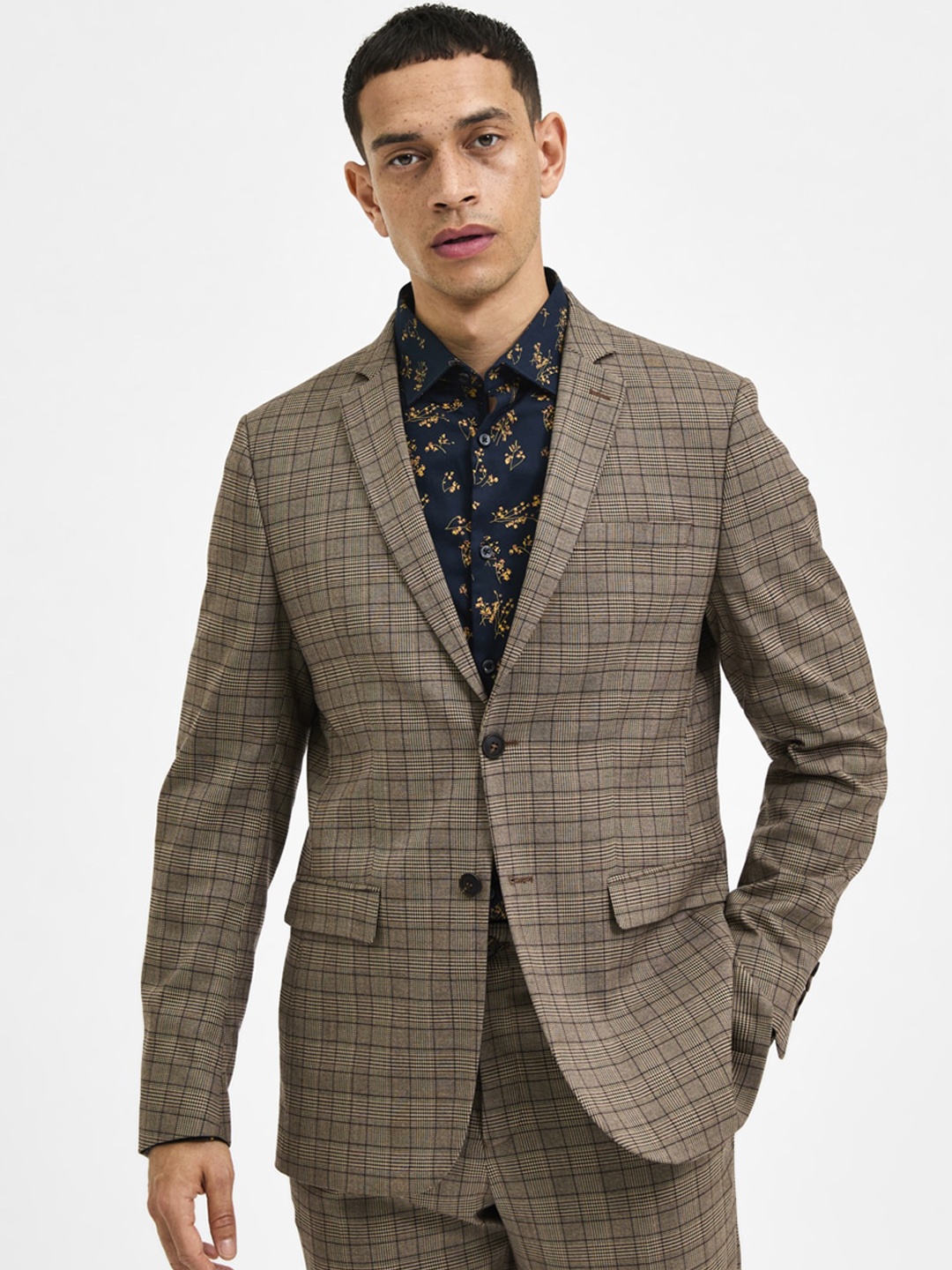 

SELECTED Men Brown Checked Single-Breasted Slim-Fit Formal Blazer