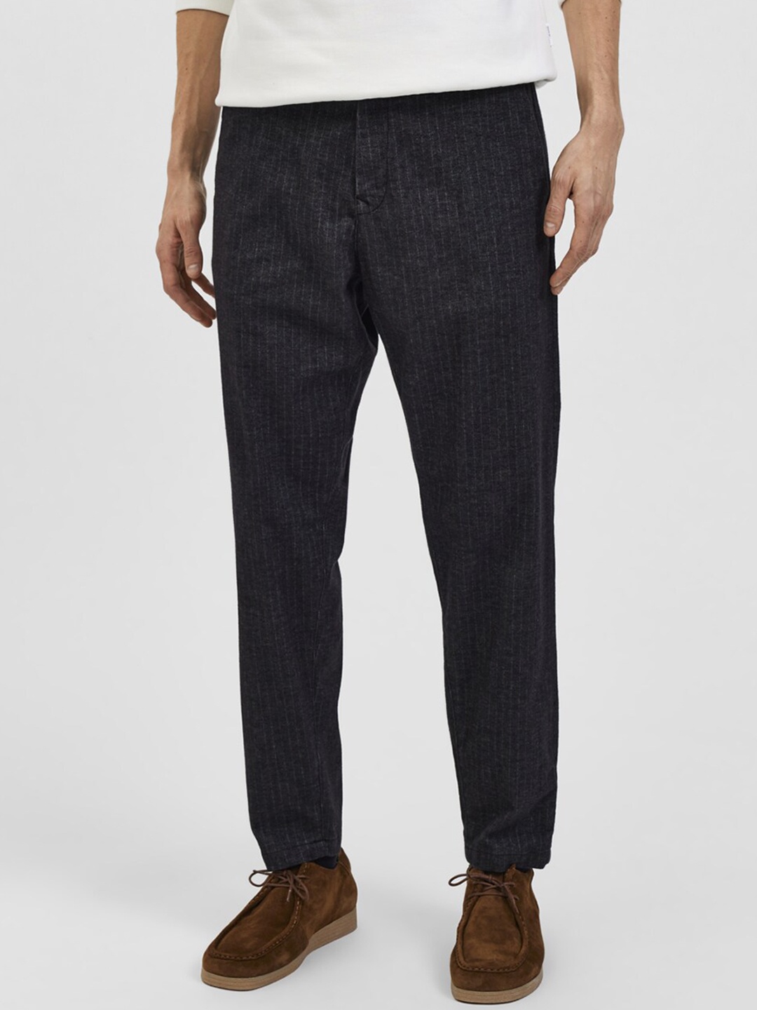 

SELECTED Men Grey Striped Slim Fit Trousers