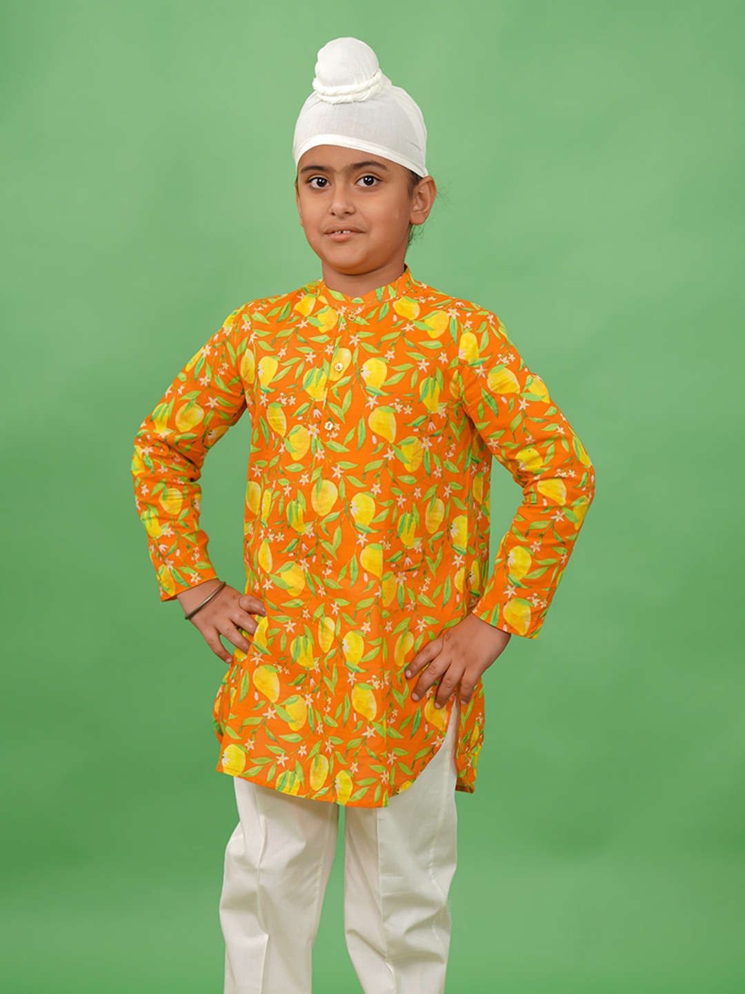 

Tiber Taber Kids-Boys Orange Ethnic Motifs Printed Pathani Kurta