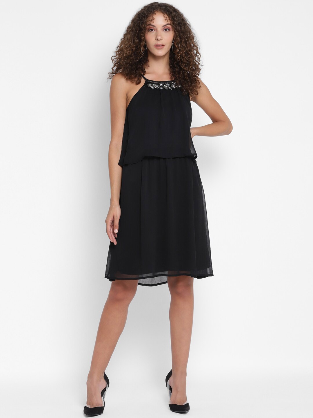 

Porsorte Black Solid Chiffon A-Line Dress