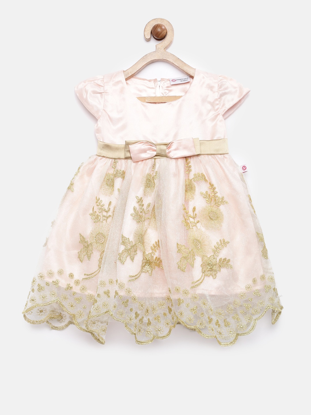 

Peppermint Girls Peach-Coloured Self Design Fit and Flare Dress