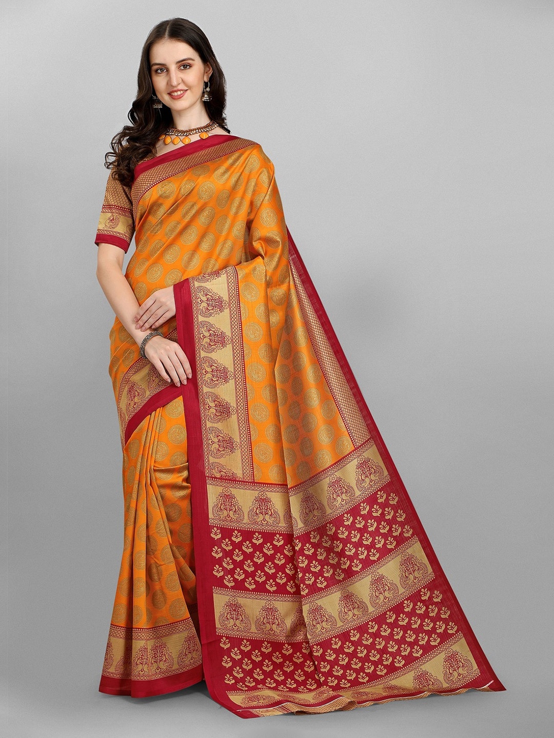 

YOYO Fashion Orange & Red Ethnic Motifs Silk Blend Saree