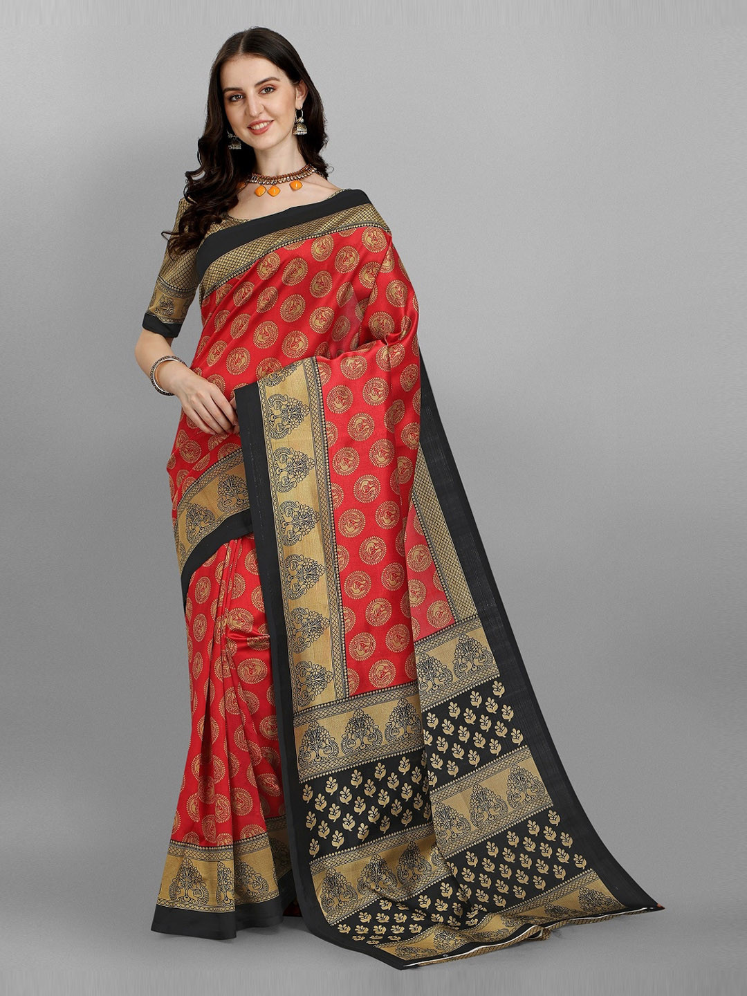 

YOYO Fashion Women Red & Black Woven Design Silk Blend Saree with blouse