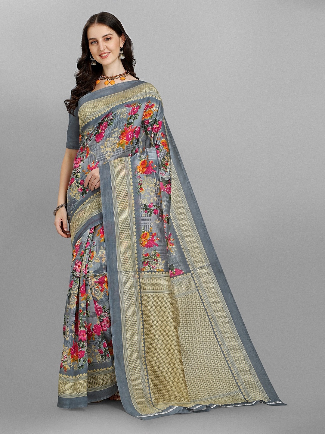 

YOYO Fashion Grey & Pink Floral Zari Silk Blend Saree