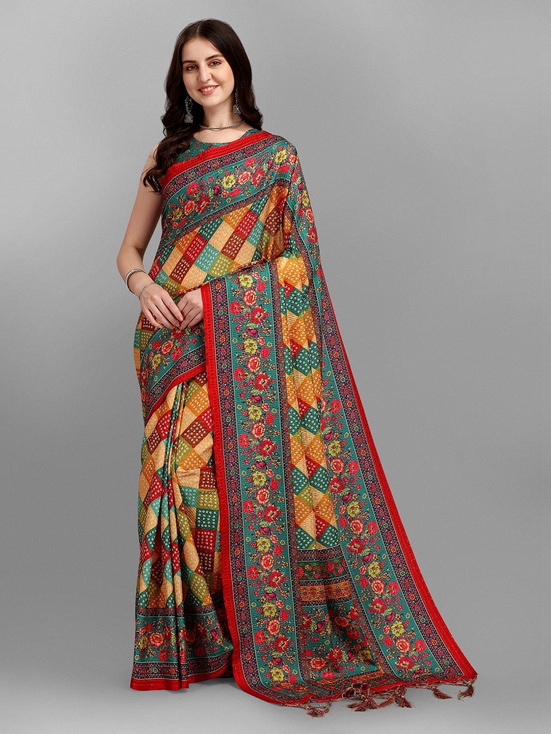 

YOYO Fashion Red & Yellow Floral Art Silk Saree